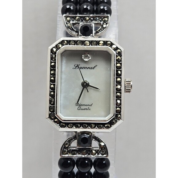 Vintage Lucoral Diamond Quartz Watch Black Onyx Beads Marcasite MOP New Battery